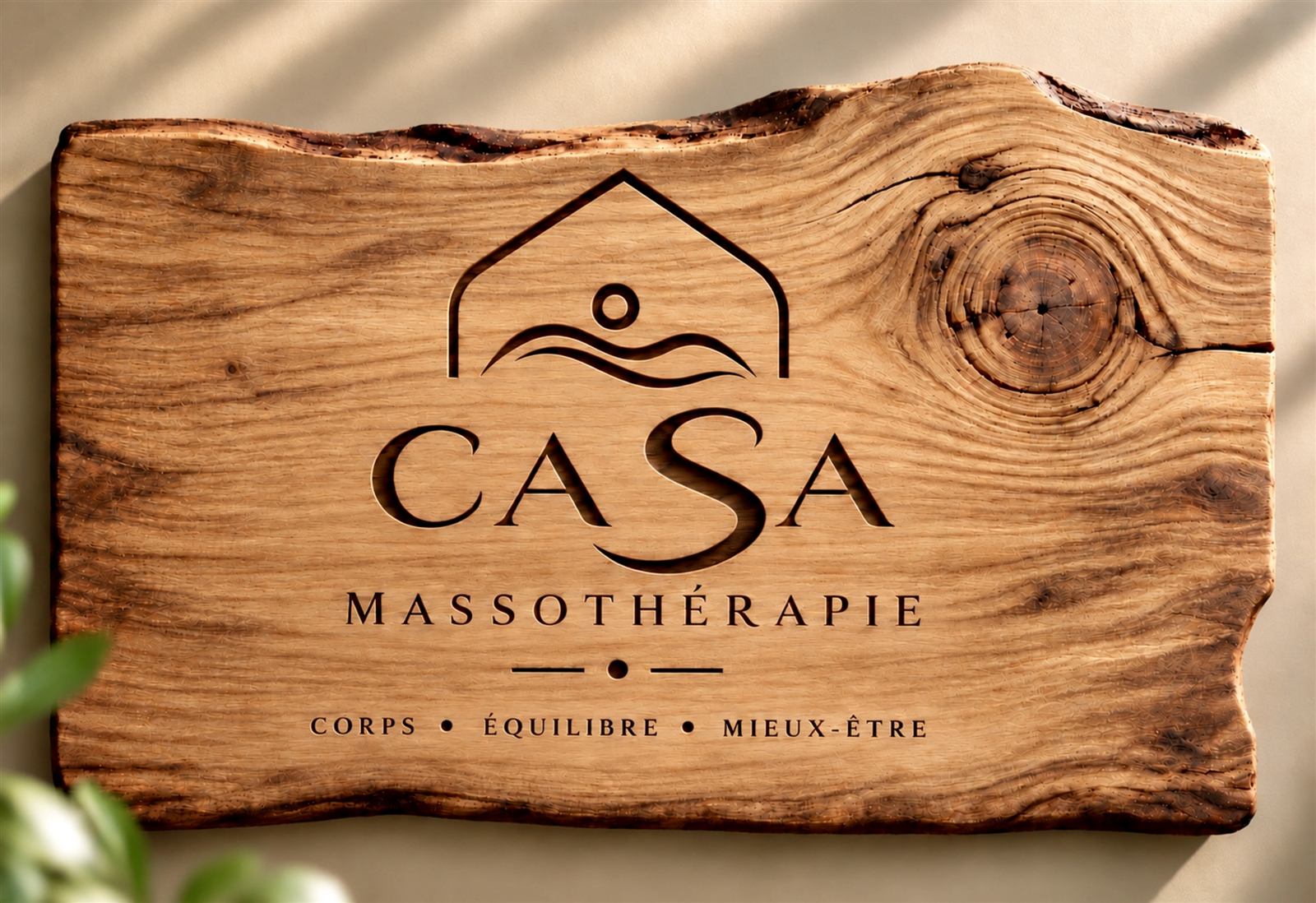 Signature visuelle Casa Massothérapie sur bois, exemple de ton